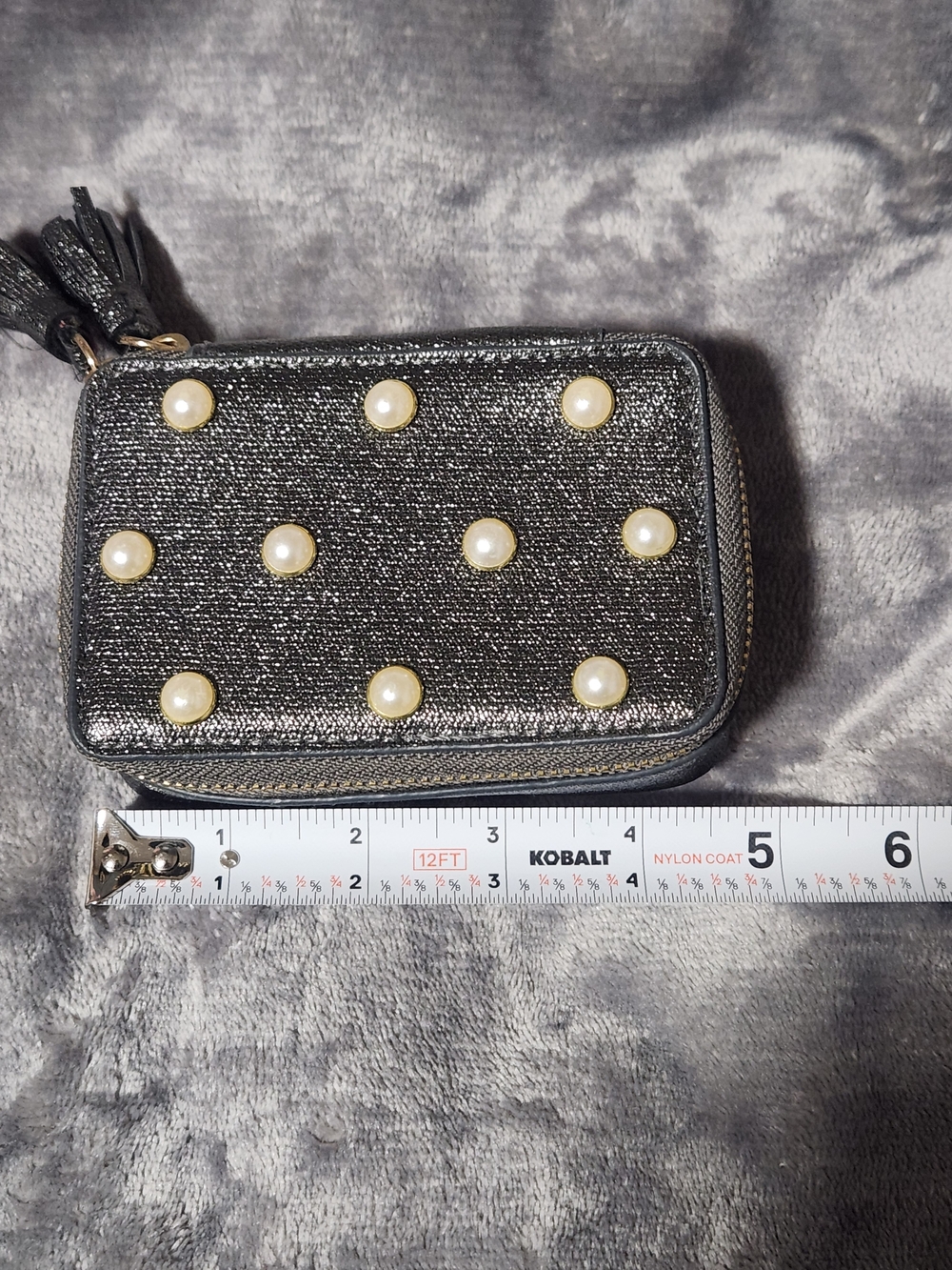 Pearl-Accent Black Women's Zip Wallet